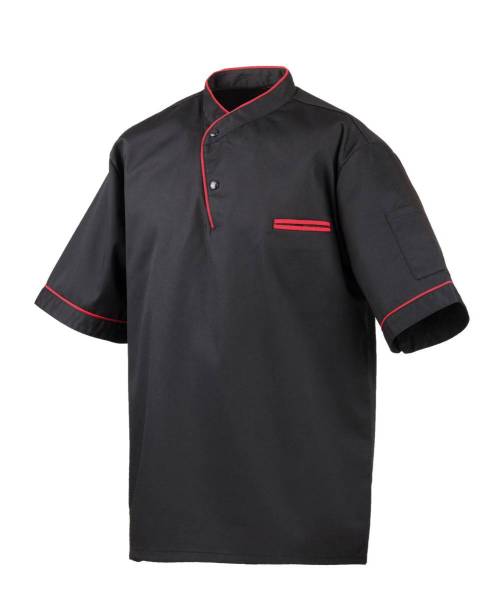 Schwarzes Kochhemd mit roter Paspelierung, Kochhemd halbarm ex217